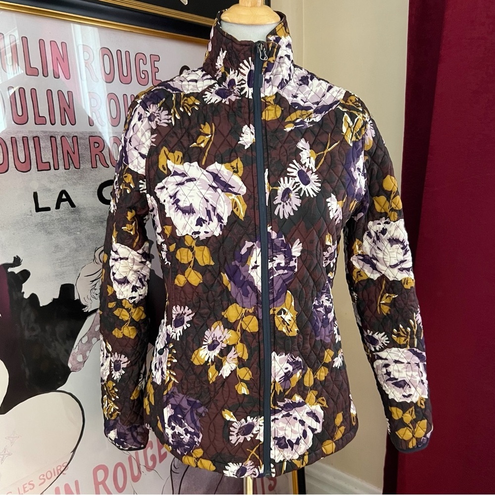 Lands' End Floral Purple, White, Gold, Brown, Navy Print Quilted Zip Jacket Sz M